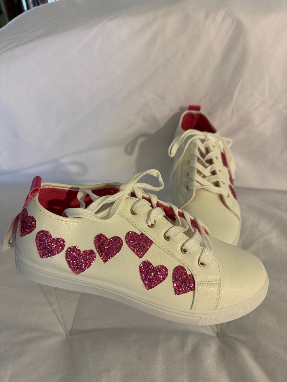 Cato White Sneakers with Pink Glitter Heart Accents New Size 10